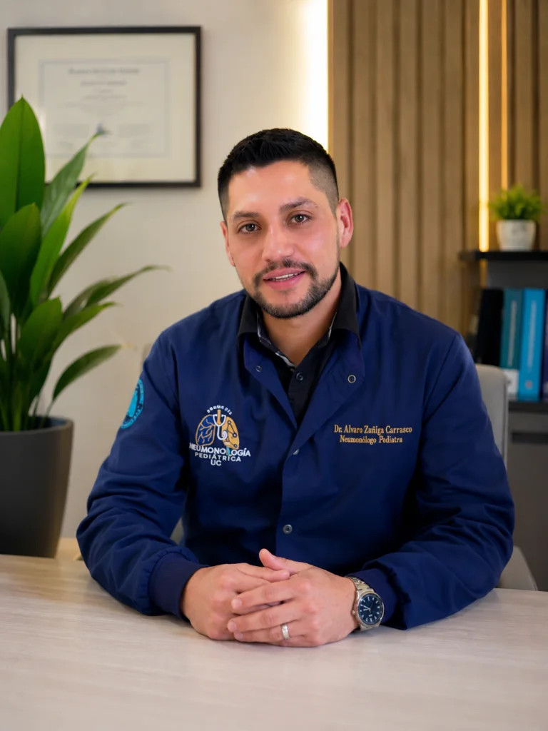 Dr. Álvaro Omar Zúñiga Carrasco, Médico Pediatra y Subespecialista en Neumología Pediátrica, en su consultorio.
